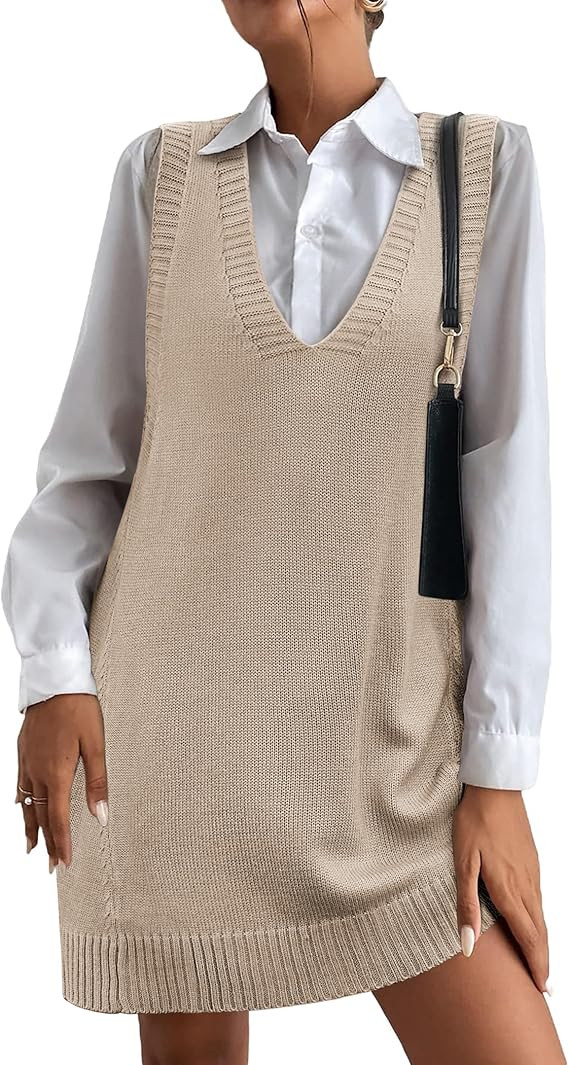HOTOUCH Women Sweater Vest Oversized V Neck Sleeveless Knit Pullover Ribbed Vest Dress with Pocke... | Amazon (US)