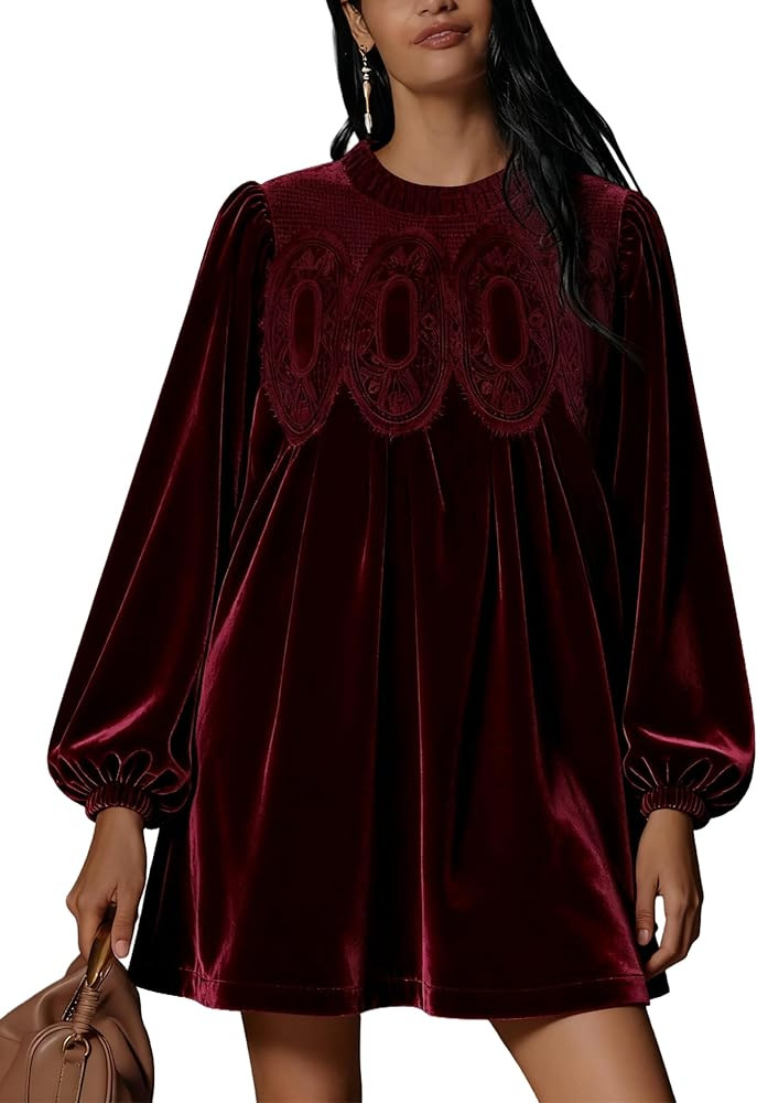Women’s Velvet Lace Patchwork Babydoll Dress Puff Long Sleeve Ruffle Swing Loose Fit Crew Neck ... | Amazon (US)
