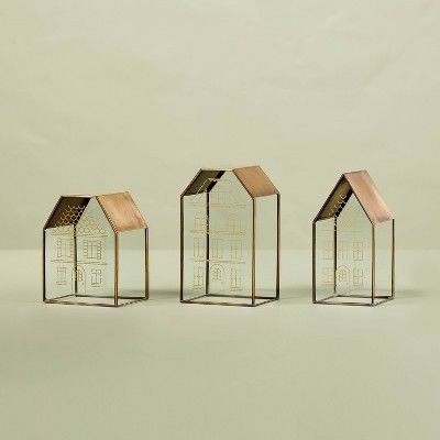 Decorative Glass & Brass Christmas Houses (Set of 3) - Hearth & Hand™ with Magnolia | Target