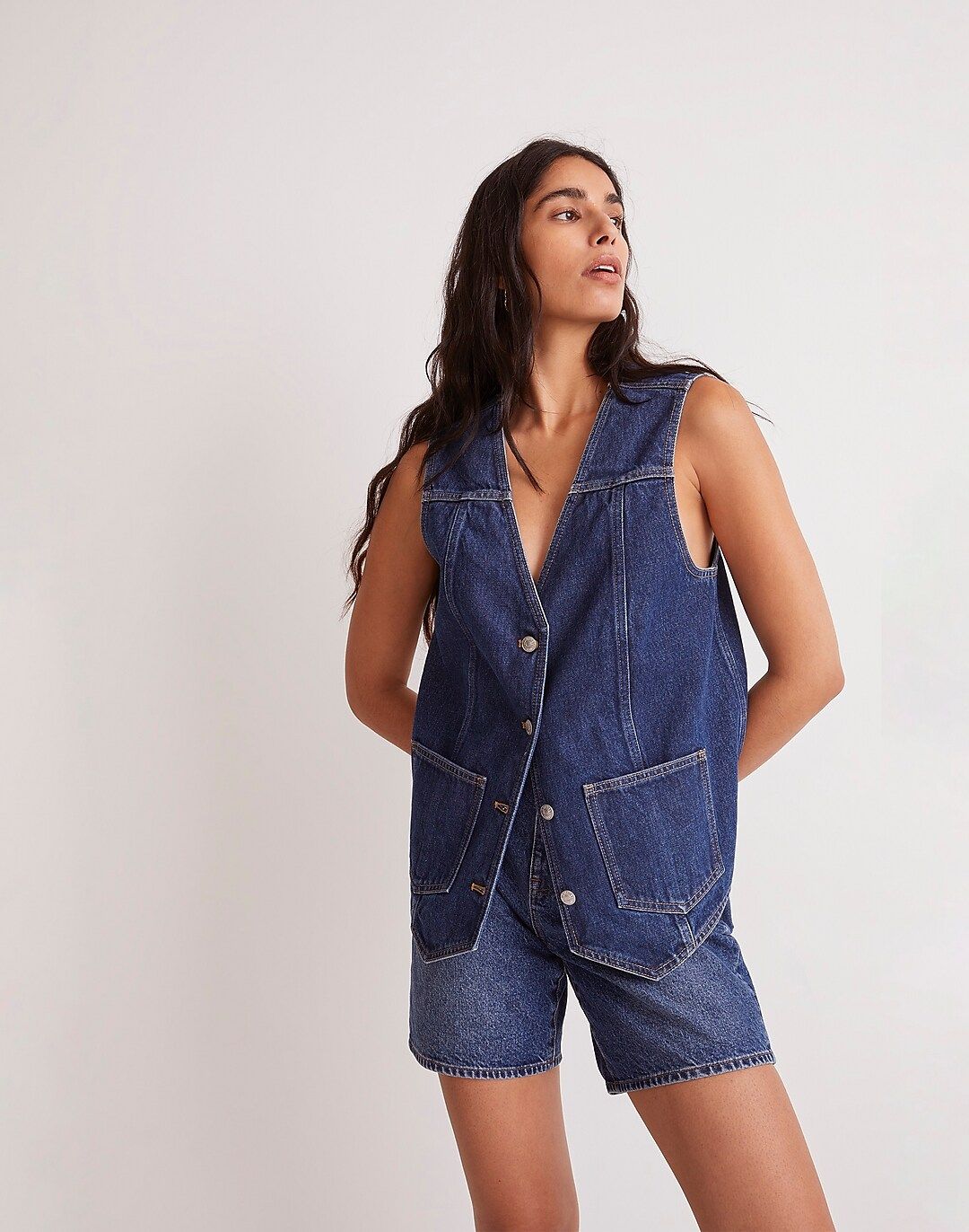 Denim Snap-Front Long Vest in Sedgwick Wash | Madewell