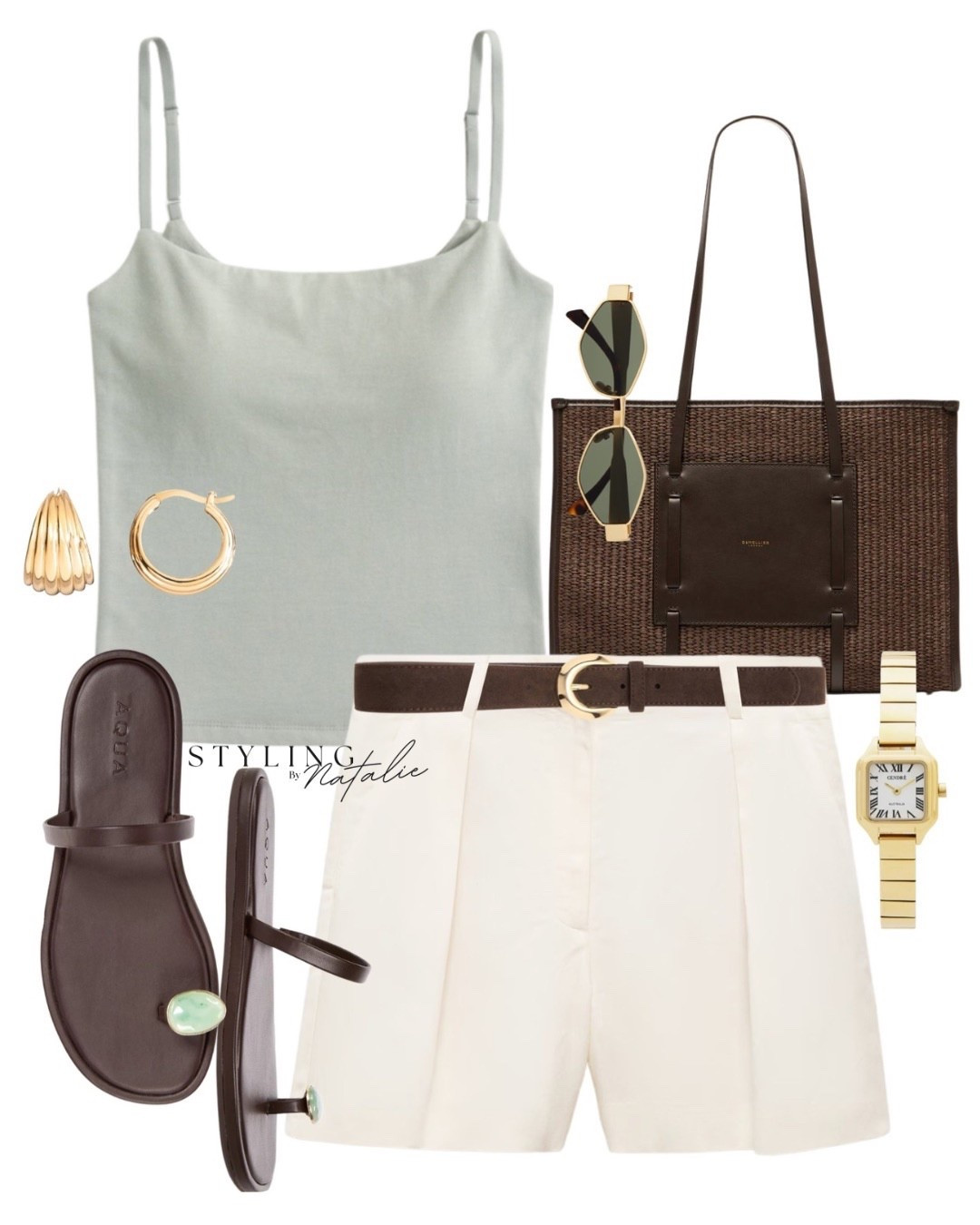 Heatwave chic🌞
Sage green strappy cami vest, tailored shorts, brown suede belt, thong sandals, Demellier tote bag, gold accessories and hoop earrings. Casual chic, smart casual, warm weather outfit, ootd, summer outfit 

#LTKstyletip #LTKuk #LTKsummer