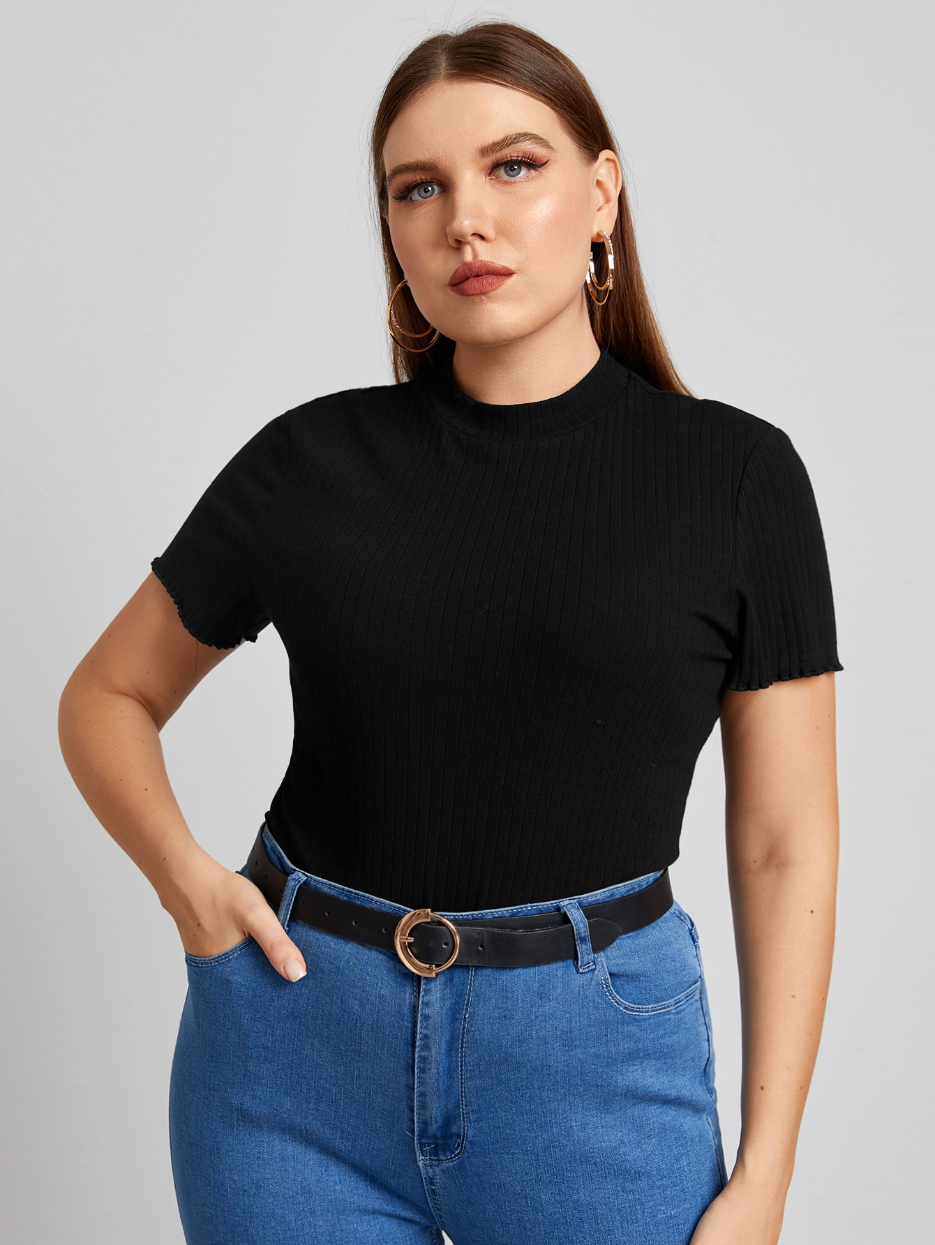 SHEIN Essnce Plus Mock Neck Rib-knit Tee | SHEIN