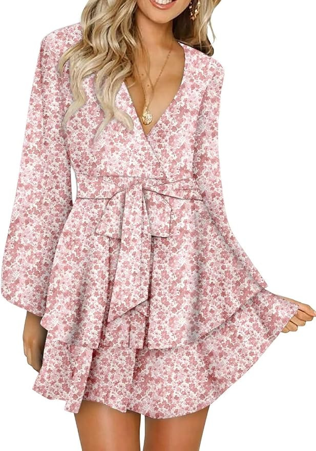 Dokotoo Womens 2024 Summer Spring V Neck Ruffle Chiffon Elegant Tie Knot Mini Short Swing Skater ... | Amazon (US)