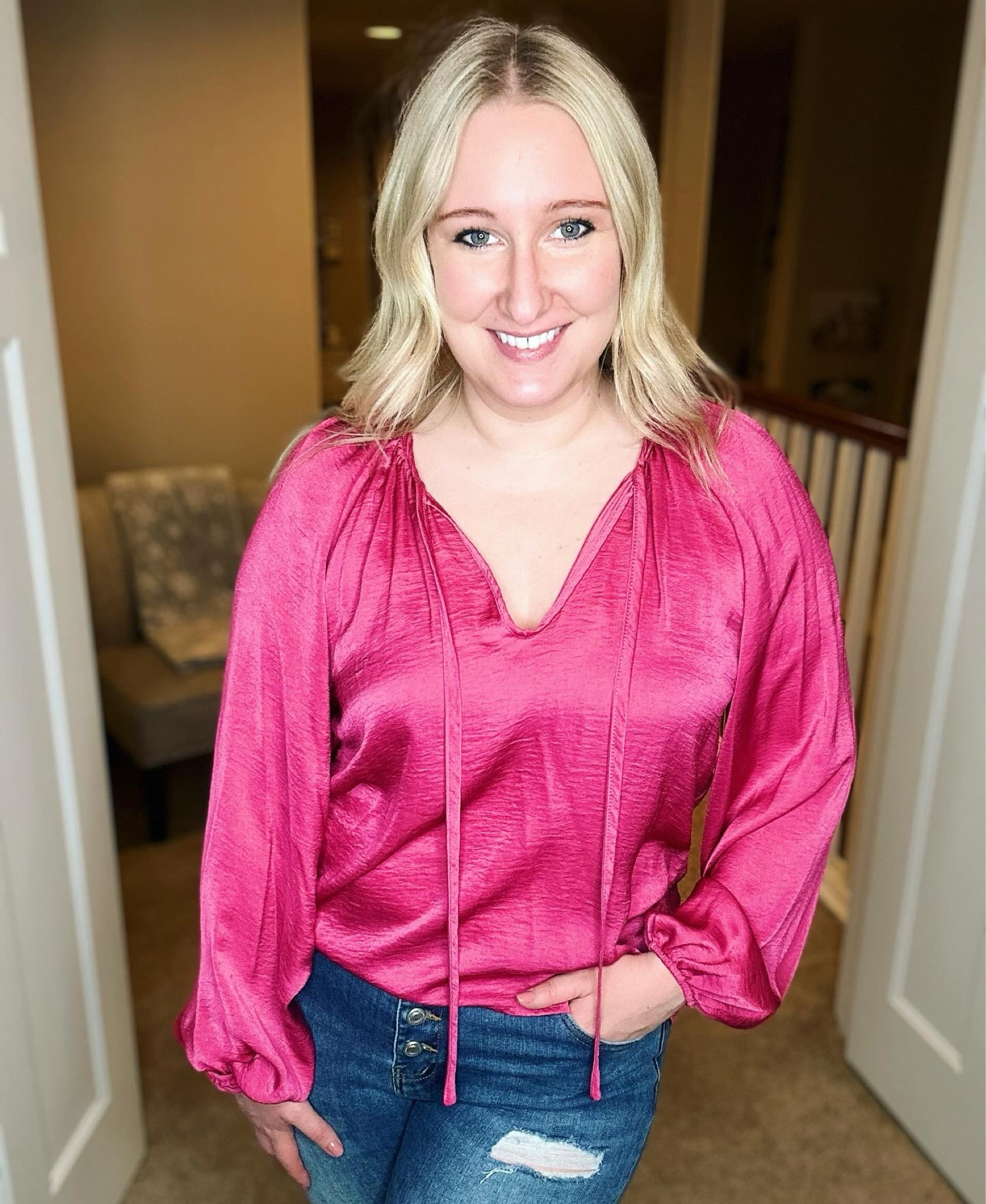 Another Valentine's Day outfit idea! I absolutely LOVE this blouse and it's perfect with jeans or a skirt! 🩷

#LTKstyletip #LTKfindsunder50 #LTKSeasonal