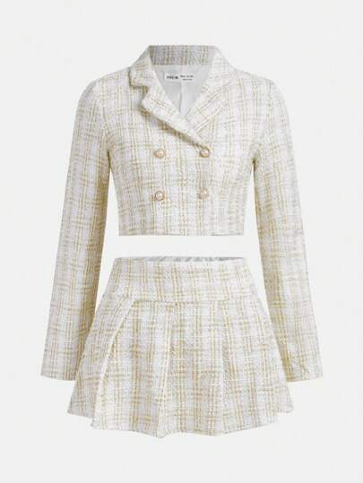 SHEIN Teen Girl Plaid Print Double Breasted Crop Tweed Blazer & Skirt | SHEIN