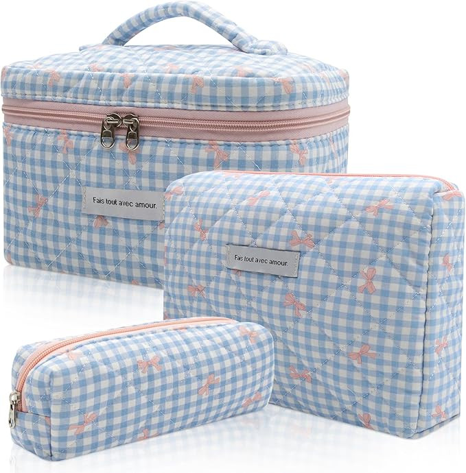 3pc Makeup Bag Set, Quilted Makeup Bag Set, Large Floral Cosmetic Bag for Women, Cute Cotton Make... | Amazon (US)