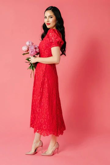 Corded Lace Midi Dress - Red | Rachel Parcell