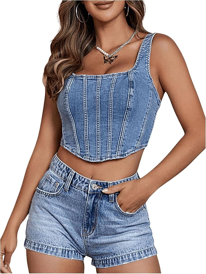 Floerns Women's Square Neck Sleeveless Corset Denim Top Asymmetrical Hem Zip Up Back Crop Tank To... | Amazon (US)