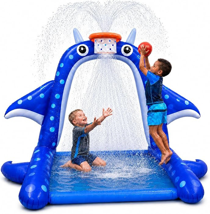 Sprinkler Splash Pad for Kids: Manta Ray Sprinkler with Basketball Hoop, Inflatable Water Play Ma... | Amazon (US)