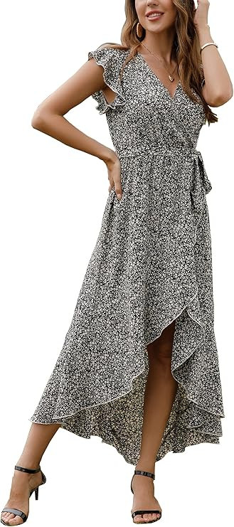 GRECERELLE Women's Summer Floral Print Cross V Neck Dress Bohemian Flowy Long Maxi Dresses | Amazon (US)