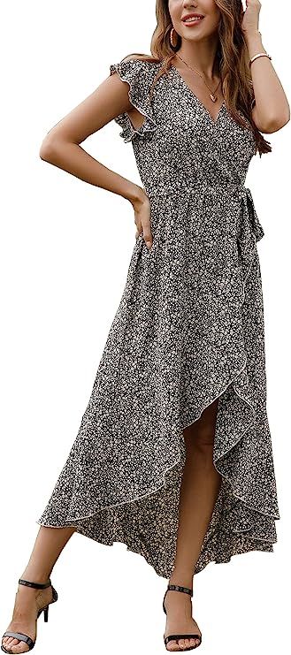 GRECERELLE Women's Summer Floral Print Cross V Neck Dress Bohemian Flowy Long Maxi Dresses | Amazon (US)