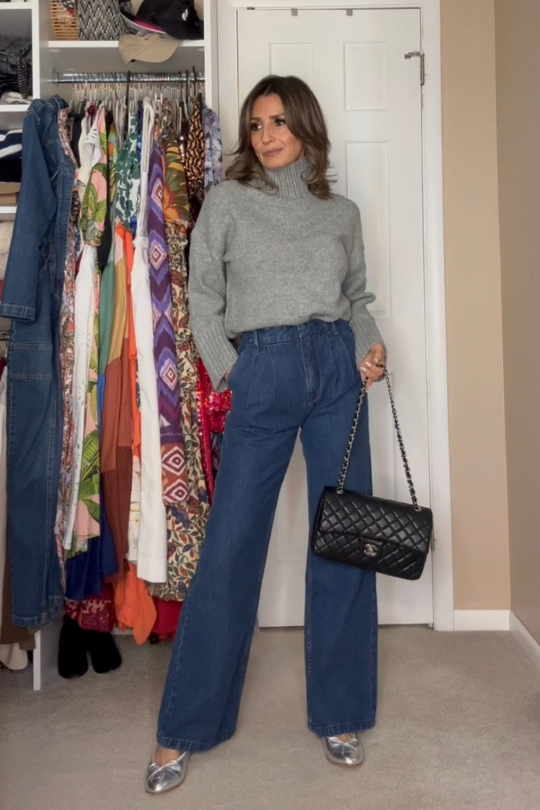 These Tailored denim pants are gorgeous! The fit is just perfect! It runs true to size. I’m 5’5” for reference and I am wearing the regular length 

Sweater fits true to size as well

The ballet flats are Chanel but I can’t link here, so I linked similar options!  Silver everything is on now and the ballet flats are a great option to get in this trend if you like it!

#LTKstyletip #LTKsalealert #LTKworkwear