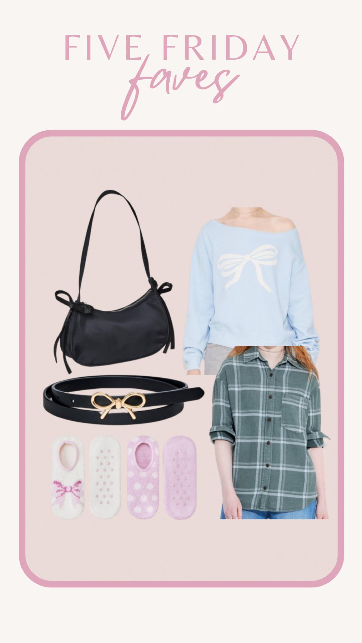 Five Friday faves!! Girly target fall finds!

•bow off the shoulder sweatshirt: m, I sized up!
•bow slipper socks: fit tts
•bow purse
•bow belt
•flannel shirt: m, I sized up

#targetfashion #targetfinds #targetstyle @target

#LTKFindsUnder50