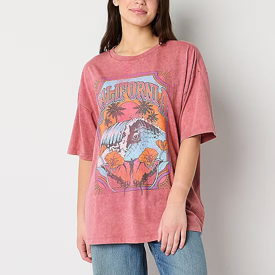 new!Juniors California Beach Oversized Tee Womens Crew Neck Short Sleeve Graphic T-Shirt | JCPenney