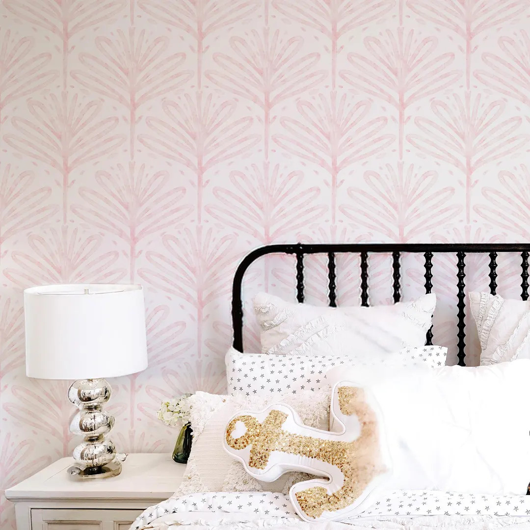 Pink Watercolor Palm Leaf Wallpaper for Renters, Calm Coastal Wallpaper, Preppy Wallpaper, Peel a... | Etsy (US)