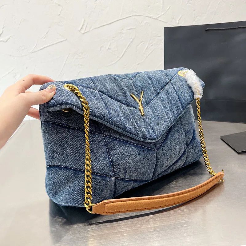 Womens Denim Jeans Puffer Quilted Jumb Bags Gold Metal Valentine Chain Crossbody Shoulder Handbag... | DHGate
