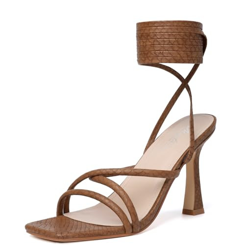Mostrin Brown Heels Strappy Heels for Women Lace Up Heels Sexy Tie Up Stiletto Heeled Sandals Square Open Toe High Heels for Prom, Party and Weddings Size 11.5 | Amazon (US)