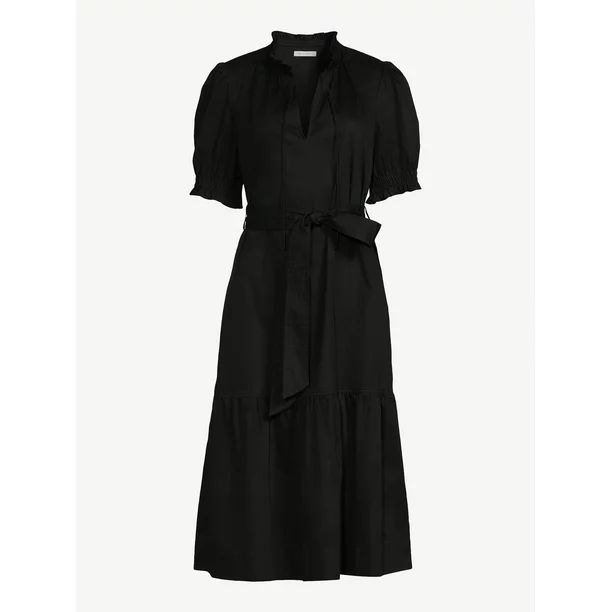 Free Assembly Women's Ruffle Neck Belted Midi Dress with Short Sleeves, Size XS-XXL | Walmart (US)