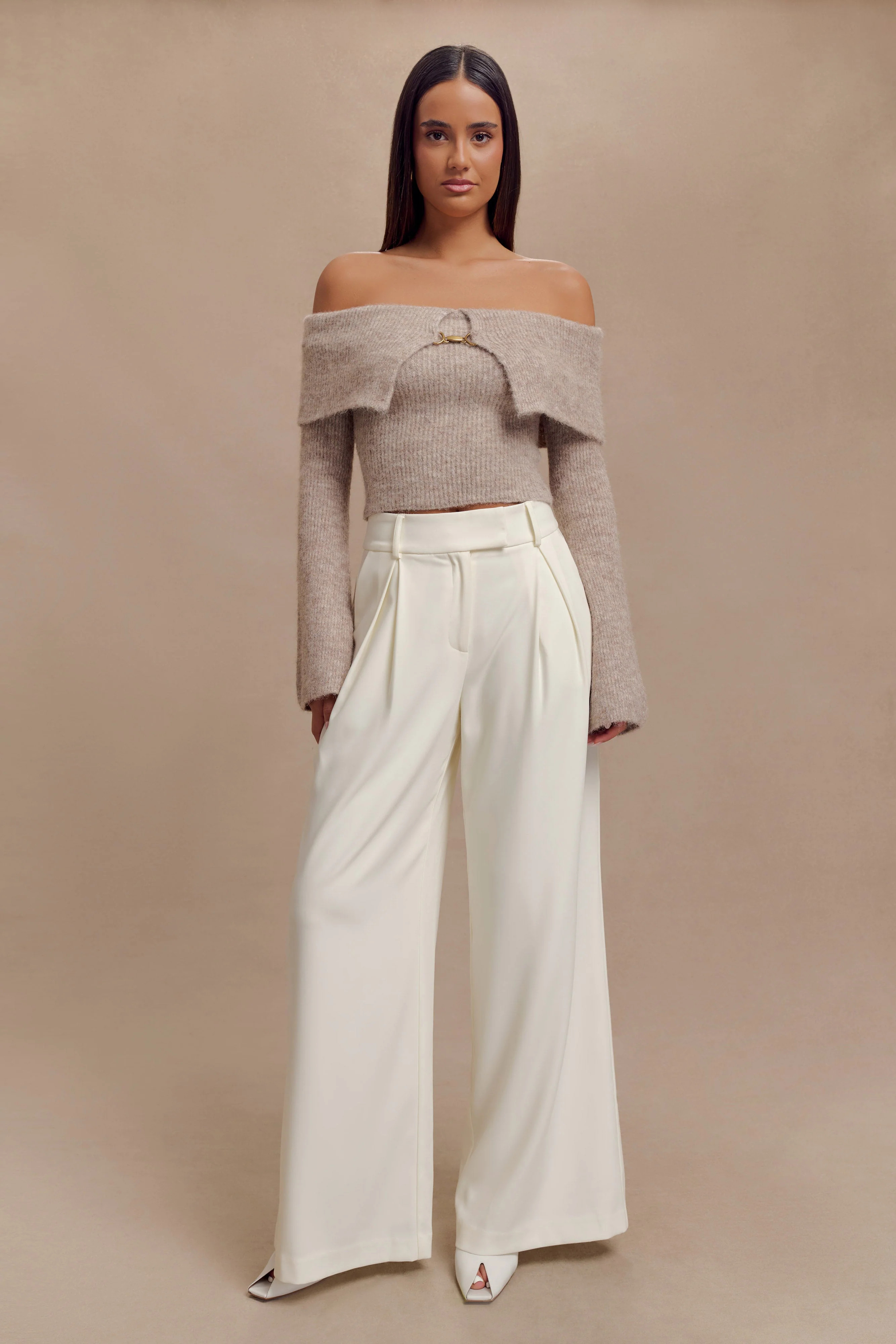 Baxter Off Shoulder Fluffy Knit Top - Taupe | MESHKI US
