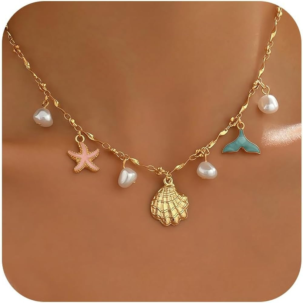 Shell Starfish Necklace for Women, 14k Gold Plated Boho Layered Beaded Charm Pendant Necklace, Da... | Amazon (US)