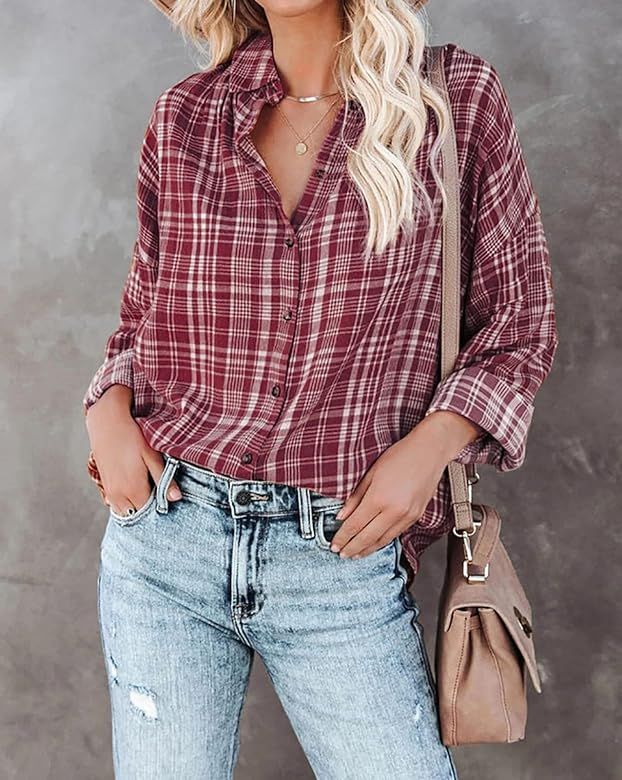 BTFBM Women's Long Sleeve Button Down Plaid Flannel Shirts Tops Casual Lapel V Neck Oversized Soft S | Amazon (US)