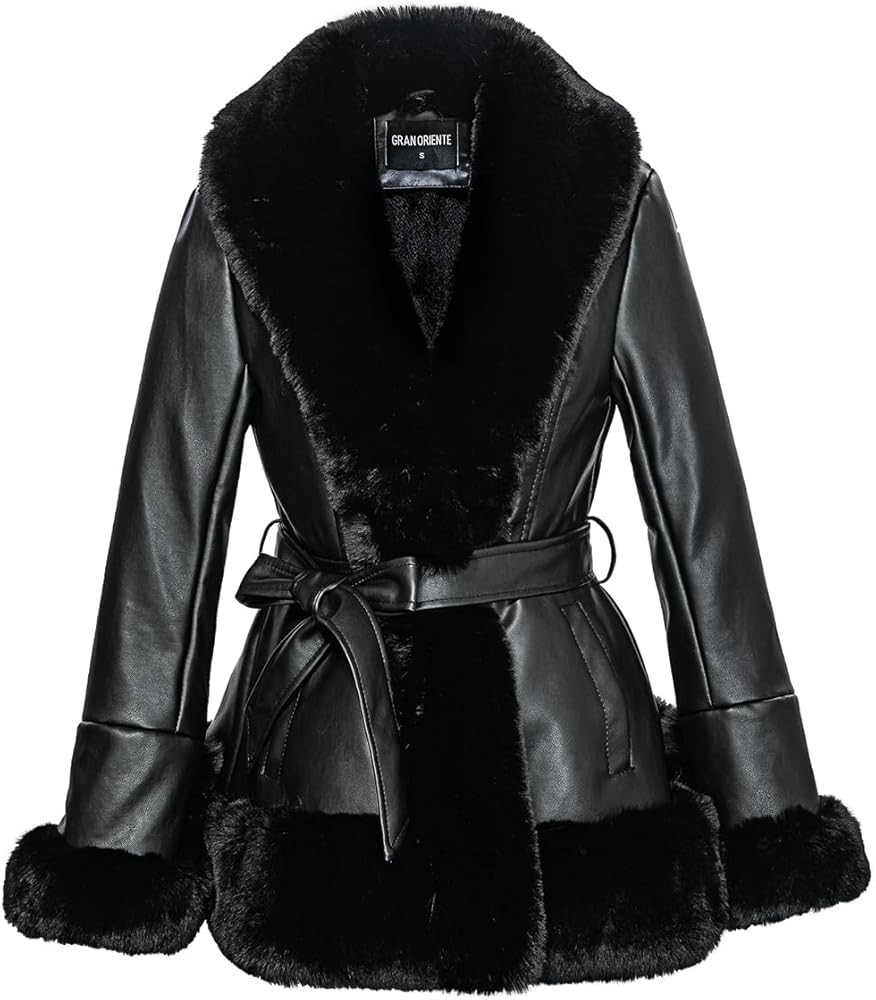 GRAN ORIENTE Women's Faux Leather Jacket with Faux Fur Collar, Winter Long Sleeve Furry Trim Pepl... | Amazon (US)
