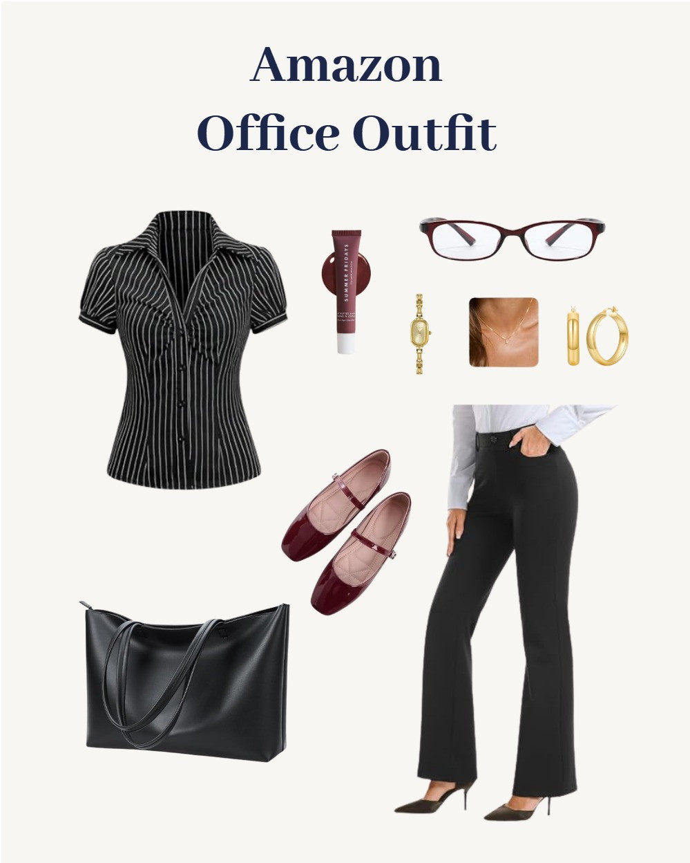 Corporate Office Siren

This pinstripe short-sleeve blouse and black flared trousers combo is the ultimate "Office Siren" moment. With deep burgundy Mary Janes, a matching lip, and classic gold jewelry, it’s a look that says you’re organized, ambitious, and effortlessly chic.
business casual, office outfit, corporate chic, workwear inspiration, office siren aesthetic, pinstripe blouse, flared trousers, professional style, 9 to 5 style, elegant workwear, chic office look
amazon office finds, workwear essentials, affordable luxury, career girl aesthetic, corporate girlie, sophisticated style, burgundy accents, cherry red aesthetic, boss babe, 2026 career goals, 2026 vision board, manifestation, coffee run, productive morning, career growth, soft office aesthetic, minimalist, timeless fashion 

 #LTKWorkwear