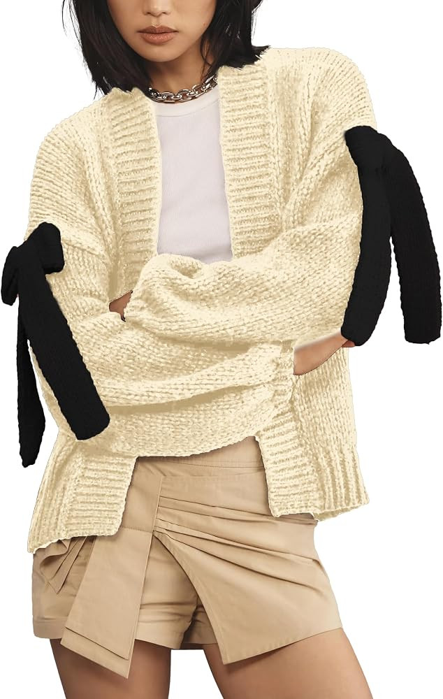 Open Front Sweaters for Women Casual Bow Tie Knit Cardigan Slouchy Chunky Long Sleeve Sweaters Ou... | Amazon (US)