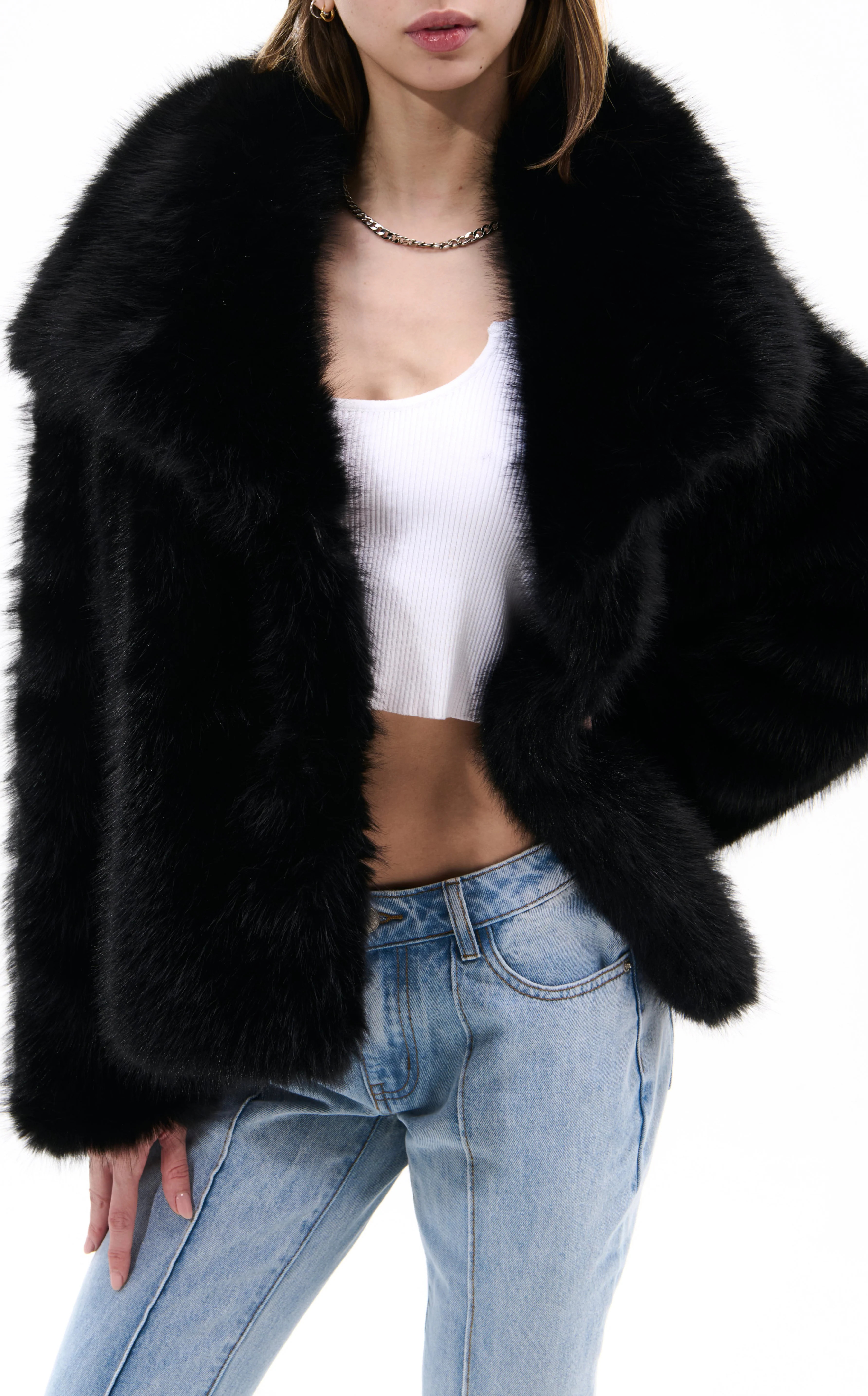 REGINA-MIDNIGHT BLACK FAUX FUR JACKET | Azalea Wang