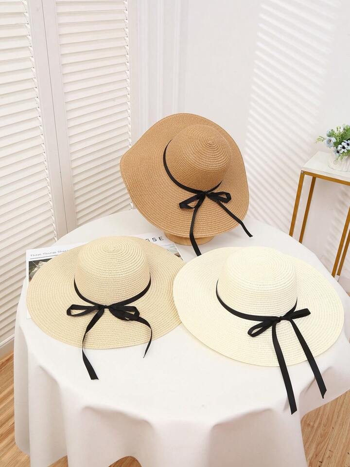 1pc Black Ribbon Bowknot Women's Sun Hat, Beach Hat Suitable For Travel, Vacation, Outdoor Sun Pr... | SHEIN