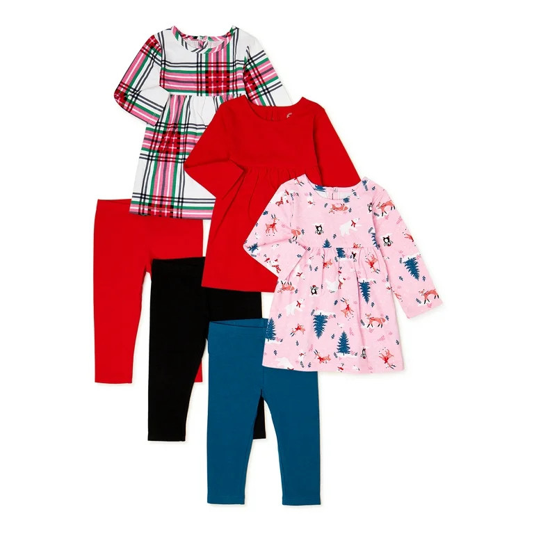 Wonder Nation Baby Girl Christmas Dress & Leggings Set, 6-Piece, Sizes 0-24 Months | Walmart (US)