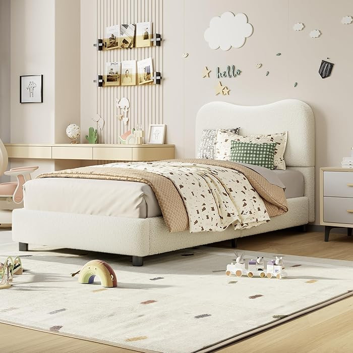 Boucle Twin Bed Frame for Kids with Upholstered Headboard, Low Profile Sturdy Platform Bed with S... | Amazon (US)