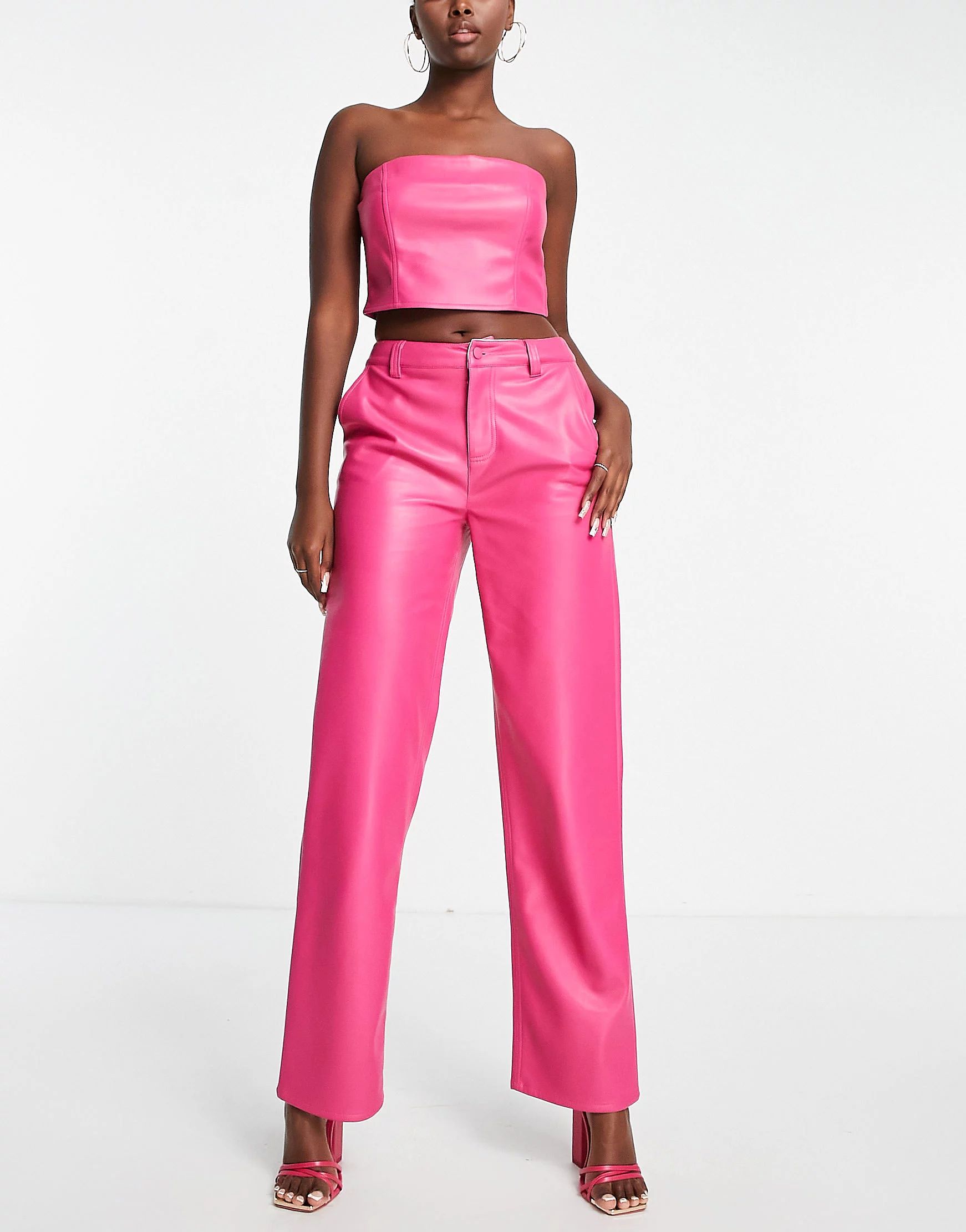 ASOS DESIGN faux leather straight leg pants in pink - part of a set | ASOS (Global)