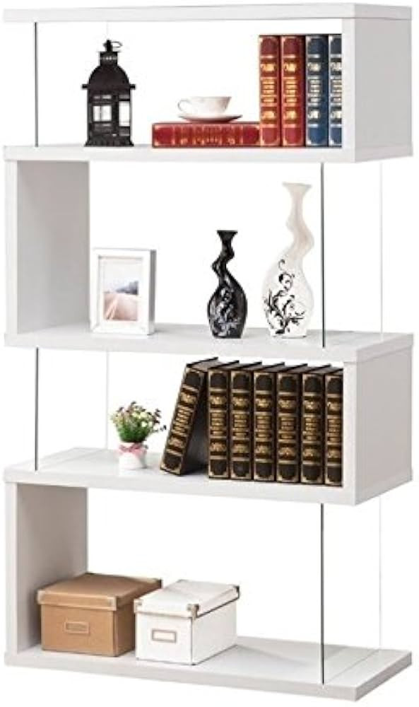 BOWERY HILL Cool Modern 4 Shelf Asymmetrical Snaking S-Shape Bookcase in Glossy White and Glass | Amazon (US)
