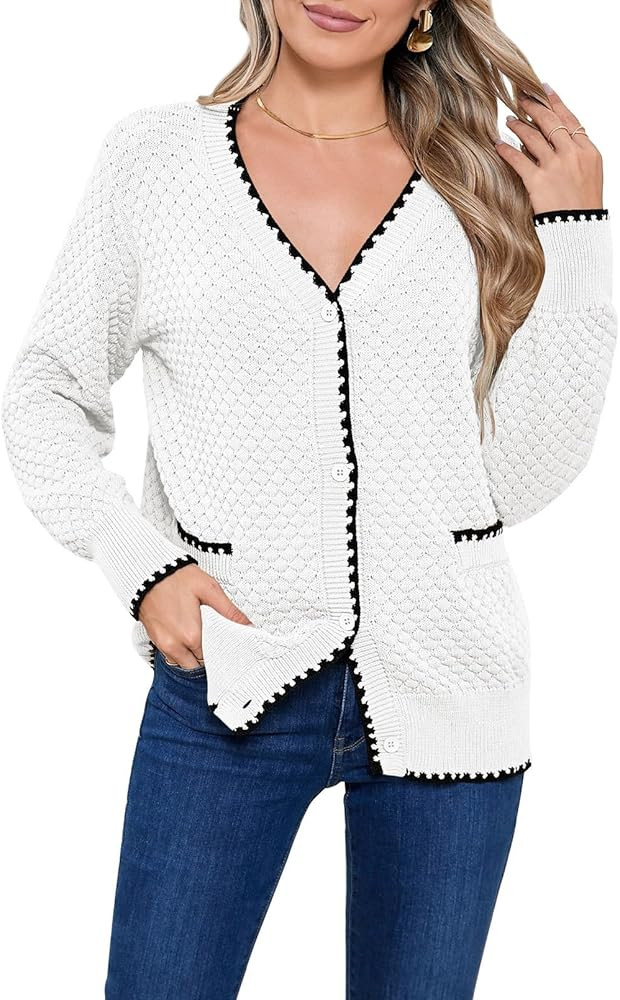 Pink Queen Women's Cropped Cardigan Long Sleeve V-Neck Button Down Knit Sweater Tops Open Front Lightweight | Amazon (US)
