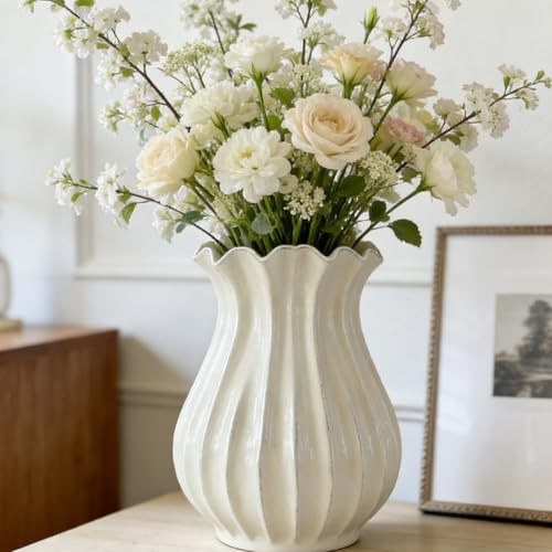 Qinyoung 1 Pack White Vintage Pleated Ceramic Vase Sour Cream Stylish Decorative Flower Vase for Bouquet Living Room Cabinet Table Centerpieces Wedding (9 x 7.32 Inches) | Amazon (US)