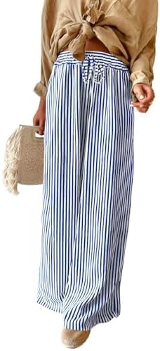 Acelitt Women Casual Drawstring Elastic Waist Striped Wide Leg Pants with Pockets, S-XXL | Amazon (US)