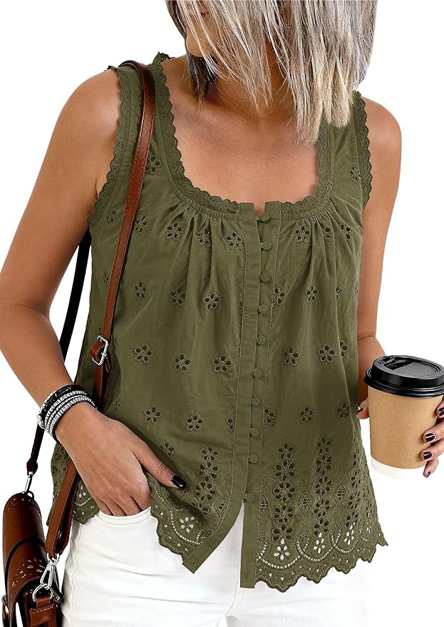 PRETTYGARDEN Womens Tank Tops 2026 Summer Button Down Shirts Embroidered Eyelet Dressy Casual Blo... | Amazon (US)