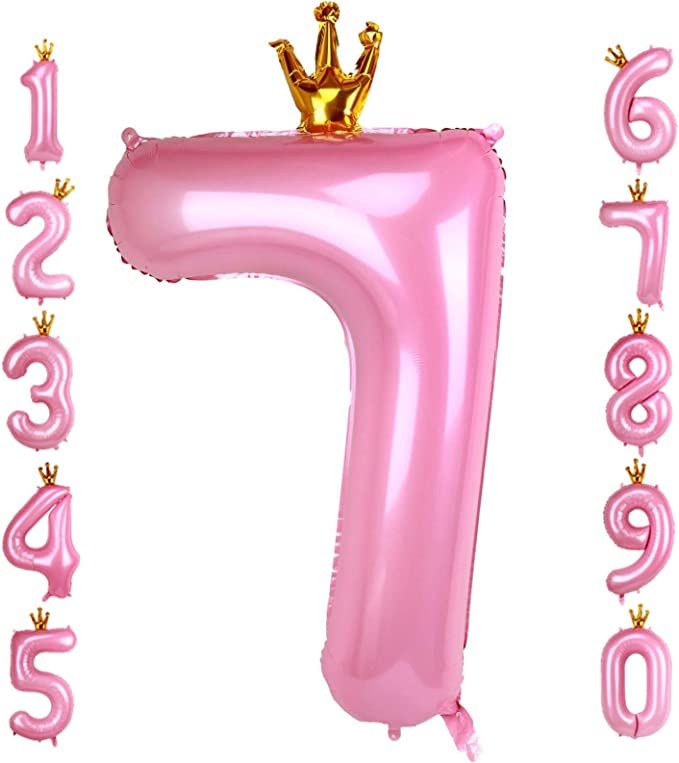 40 Inch Crown Pink Number 7 Balloon, Big Conjoined Baby Pink Foil Mylar Helium Digit 7 Balloon fo... | Amazon (US)