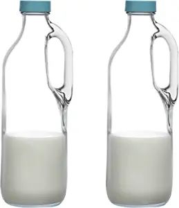2 Pc 47oz Clear Glass Milk Bottles Set with Handle and Lids - Airtight milk Container for Refrige... | Amazon (US)