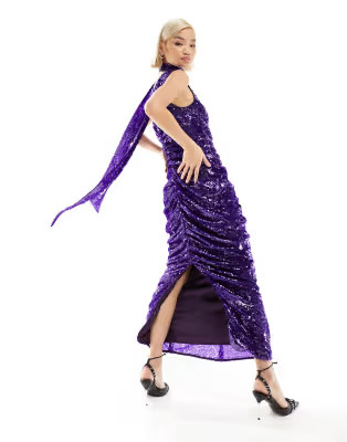 Labelrail x Dyspnea drape detail sequin maxi dress in purple | ASOS (Global)