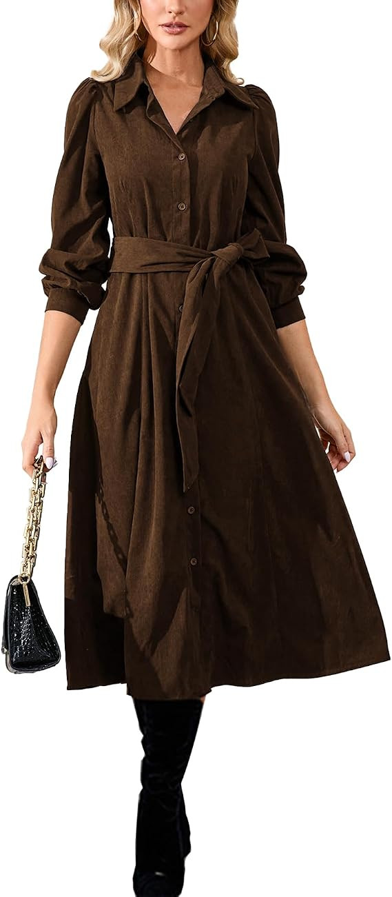 YEXPINE Women's Corduroy Midi Dress Long Sleeve Button Down Belted Flowy Shirt Dress with Pockets | Amazon (US)