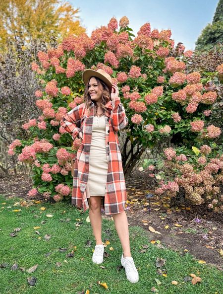 Fall plaid shacket with pockets in size medium (bought pre baby and now I’m a size large but could do either size) / midi tank dress with sneakers // amazon outfit / midsize outfit inspo / fall outfit inspo 

#LTKstyletip #LTKmidsize