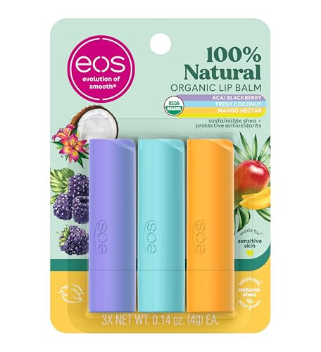 eos Bálsamo labial natural de karité, amora açaí, coco fresco, néctar de manga, pacote com 3 palitos | Amazon (BR)
