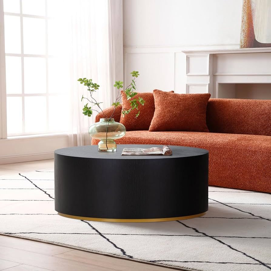 Amazon.com: kevinplus Black Round Coffee Table for Living Room, Drum Round Circle Wood Coffee Tab... | Amazon (US)