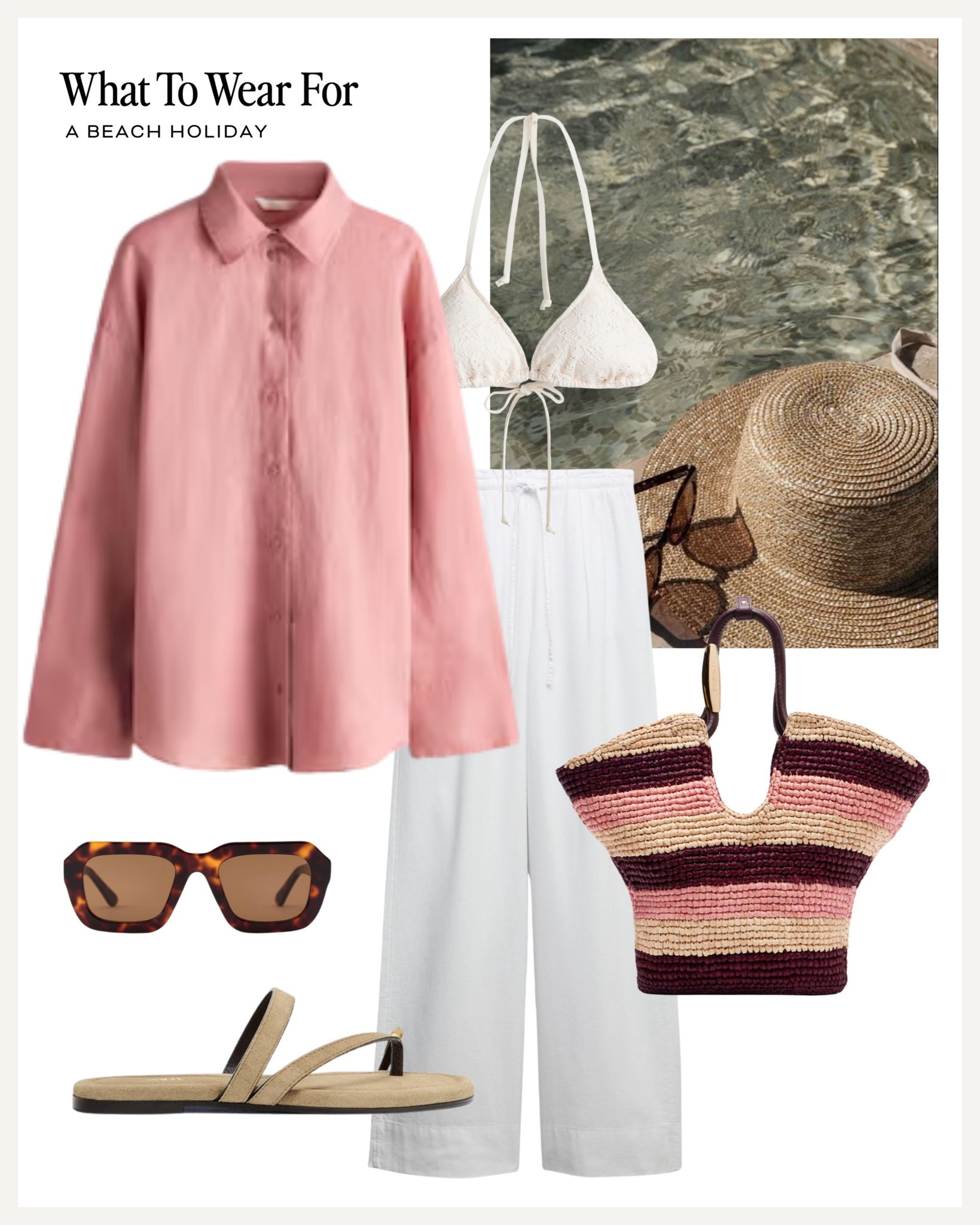 Beach holiday outfit ☀️ 

Swimwear, summer vacation, linen shirt, pink shirt, straw tote bag, white linen trousers, bikini 

#LTKswimwear #LTKsummer