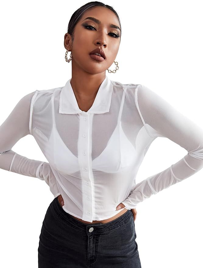 Verdusa Women's Long Sleeve See Through Mesh Sheer Button Down Top Blouse Shirt | Amazon (US)