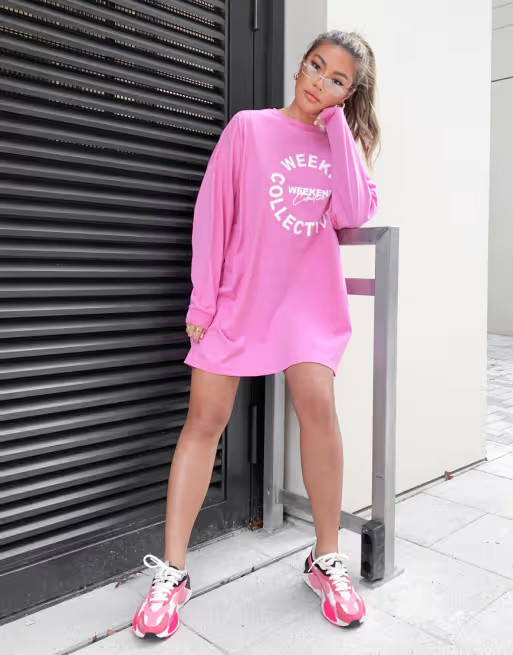 ASOS Weekend Collective oversized long sleeve t-shirt dress in pink with weekend collective logo | ASOS (Global)