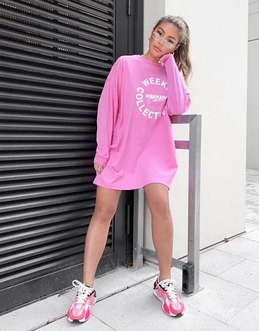 ASOS Weekend Collective oversized long sleeve t-shirt dress in pink with weekend collective logo | ASOS (Global)