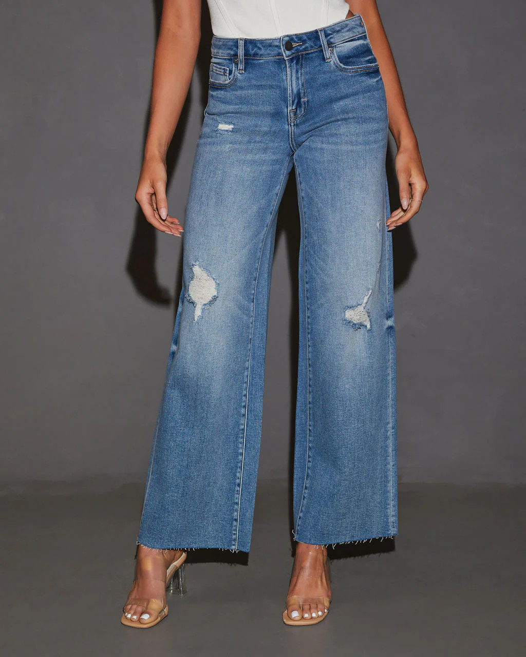 Cooper Super Stretch Distressed Wide Leg Jeans | VICI